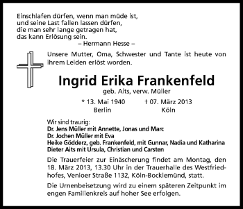 Anzeige von Ingrid Erika Frankenfeld von Kölner Stadt-Anzeiger / Kölnische Rundschau / Express
