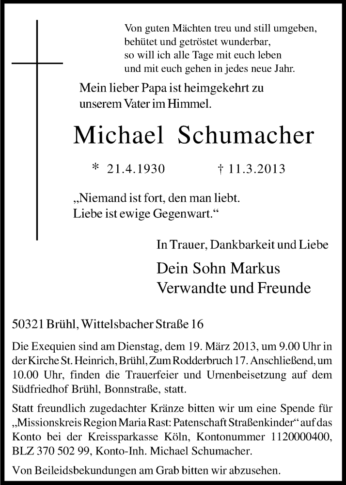  Traueranzeige für Michael Schumacher vom 15.03.2013 aus Kölner Stadt-Anzeiger / Kölnische Rundschau / Express