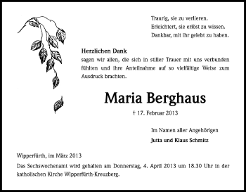 Anzeige von Maria Berghaus von Kölner Stadt-Anzeiger / Kölnische Rundschau / Express