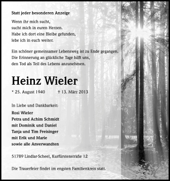 Anzeige von Heinz Wieler von Kölner Stadt-Anzeiger / Kölnische Rundschau / Express