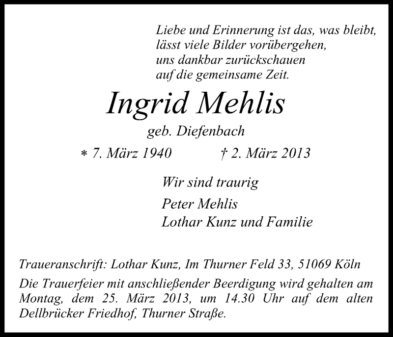  Traueranzeige für Ingrid Mehlis vom 16.03.2013 aus Kölner Stadt-Anzeiger / Kölnische Rundschau / Express