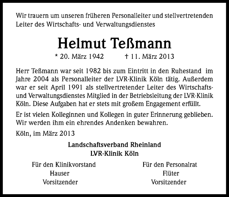  Traueranzeige für Helmut Teßmann vom 16.03.2013 aus Kölner Stadt-Anzeiger / Kölnische Rundschau / Express