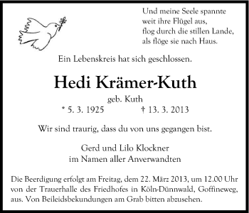 Anzeige von Hedi Krämer-Kuth von Kölner Stadt-Anzeiger / Kölnische Rundschau / Express
