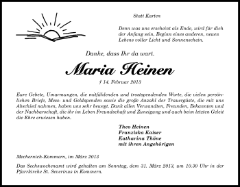 Anzeige von Maria Heinen von Kölner Stadt-Anzeiger / Kölnische Rundschau / Express