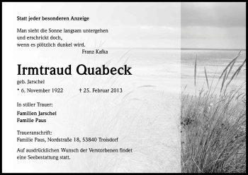 Anzeige von Irmtraud Quabeck von Kölner Stadt-Anzeiger / Kölnische Rundschau / Express