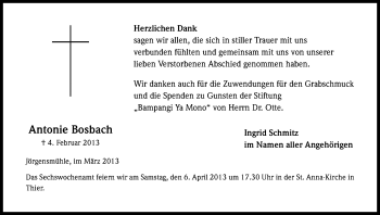 Anzeige von Antonie Bosbach von Kölner Stadt-Anzeiger / Kölnische Rundschau / Express