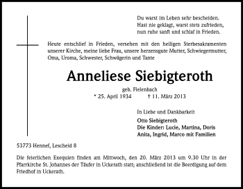 Anzeige von Anneliese Siebigteroth von Kölner Stadt-Anzeiger / Kölnische Rundschau / Express