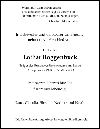Anzeige von Lothar Roggenbuck von Kölner Stadt-Anzeiger / Kölnische Rundschau / Express