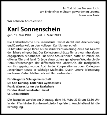 Anzeige von Karl Sonnenschein von Kölner Stadt-Anzeiger / Kölnische Rundschau / Express