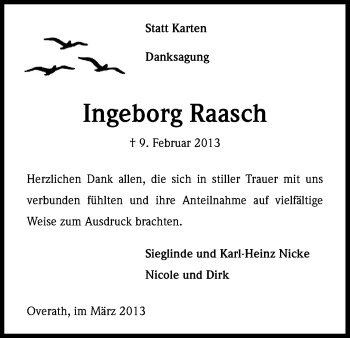 Anzeige von Ingeborg Raasch von Kölner Stadt-Anzeiger / Kölnische Rundschau / Express