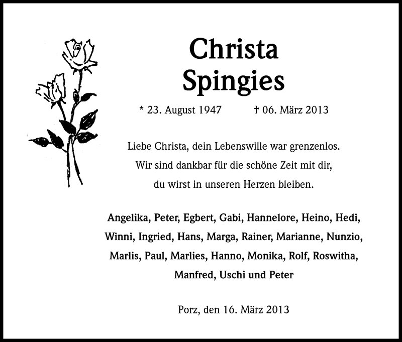  Traueranzeige für Christa Spingies vom 16.03.2013 aus Kölner Stadt-Anzeiger / Kölnische Rundschau / Express