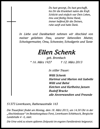 Anzeige von Ellen Schenk von Kölner Stadt-Anzeiger / Kölnische Rundschau / Express