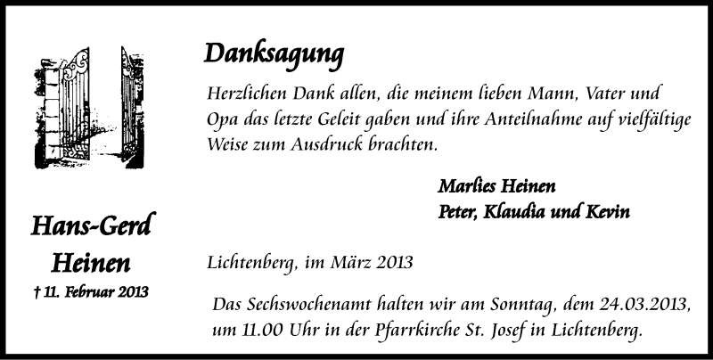  Traueranzeige für Hans-Gerd Heinen vom 16.03.2013 aus Kölner Stadt-Anzeiger / Kölnische Rundschau / Express
