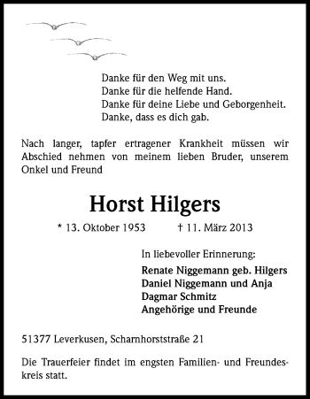 Anzeige von Horst Hilgers von Kölner Stadt-Anzeiger / Kölnische Rundschau / Express