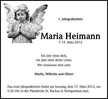 Anzeige von Maria Heimann von Kölner Stadt-Anzeiger / Kölnische Rundschau / Express