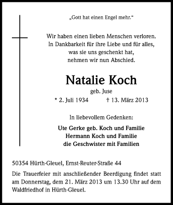Anzeige von Natalie Koch von Kölner Stadt-Anzeiger / Kölnische Rundschau / Express