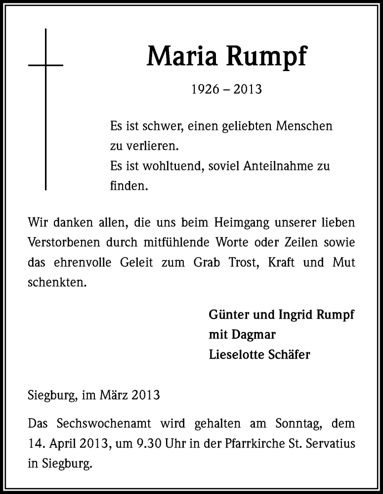  Traueranzeige für Maria Rumpf vom 16.03.2013 aus Kölner Stadt-Anzeiger / Kölnische Rundschau / Express