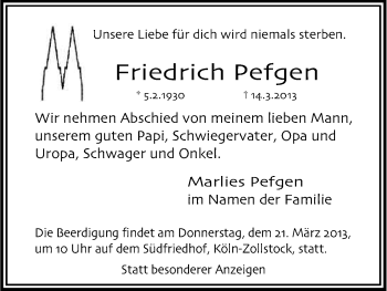 Anzeige von Friedrich Pefgen von Kölner Stadt-Anzeiger / Kölnische Rundschau / Express