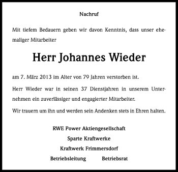 Anzeige von Johannes Wieder von Kölner Stadt-Anzeiger / Kölnische Rundschau / Express