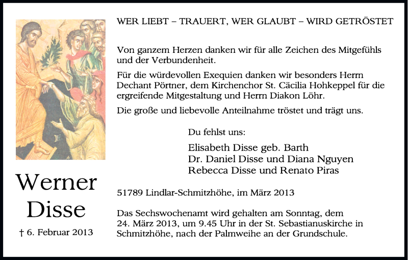  Traueranzeige für Werner Disse vom 16.03.2013 aus Kölner Stadt-Anzeiger / Kölnische Rundschau / Express