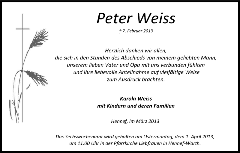  Traueranzeige für Peter Weiss vom 23.03.2013 aus Kölner Stadt-Anzeiger / Kölnische Rundschau / Express