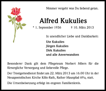Anzeige von Alfred Kukulies von Kölner Stadt-Anzeiger / Kölnische Rundschau / Express