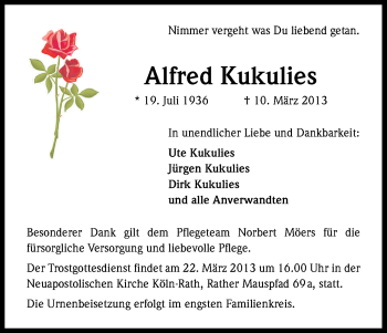 Anzeige von Alfred Kukulies von Kölner Stadt-Anzeiger / Kölnische Rundschau / Express