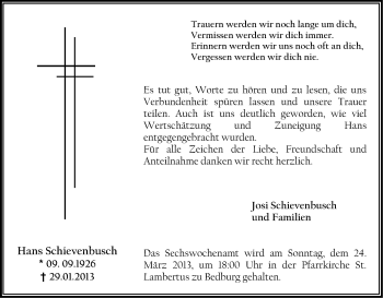 Anzeige von Hans Schievenbusch von Kölner Stadt-Anzeiger / Kölnische Rundschau / Express