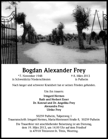 Anzeige von Bodgan Alexander Frey von Kölner Stadt-Anzeiger / Kölnische Rundschau / Express