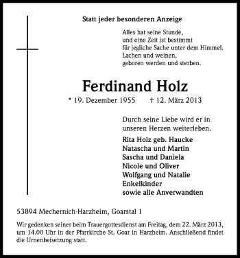 Anzeige von Ferdinand Holz von Kölner Stadt-Anzeiger / Kölnische Rundschau / Express