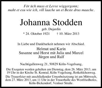 Anzeige von Johanna Stodden von Kölner Stadt-Anzeiger / Kölnische Rundschau / Express