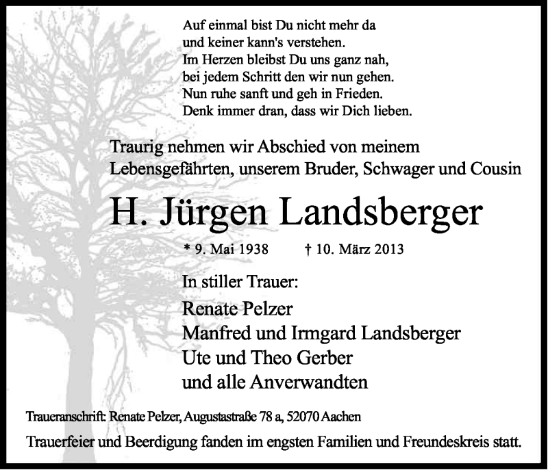  Traueranzeige für H. Jürgen Landsberger vom 30.03.2013 aus Kölner Stadt-Anzeiger / Kölnische Rundschau / Express