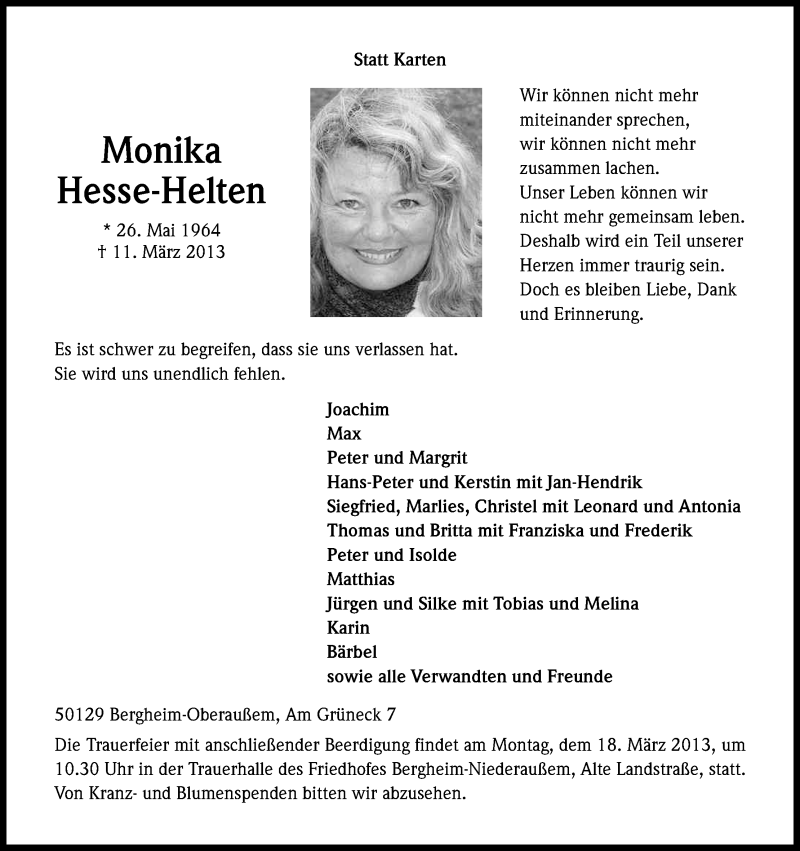  Traueranzeige für Monika Hesse-Helten vom 16.03.2013 aus Kölner Stadt-Anzeiger / Kölnische Rundschau / Express