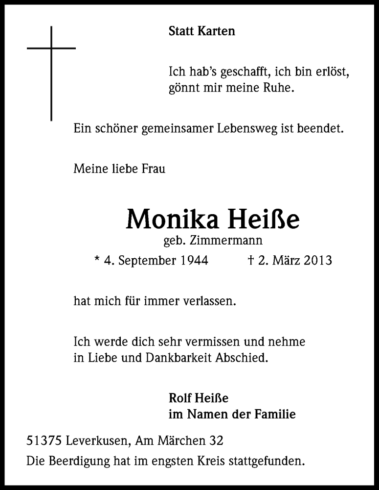  Traueranzeige für Monika Heiße vom 16.03.2013 aus Kölner Stadt-Anzeiger / Kölnische Rundschau / Express