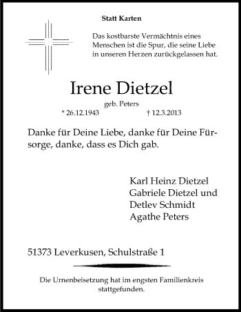Anzeige von Irene Dietzel von Kölner Stadt-Anzeiger / Kölnische Rundschau / Express