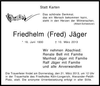 Anzeige von Friedhelm Jäger von Kölner Stadt-Anzeiger / Kölnische Rundschau / Express