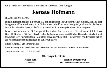 Anzeige von Renate Hofmann von Kölner Stadt-Anzeiger / Kölnische Rundschau / Express