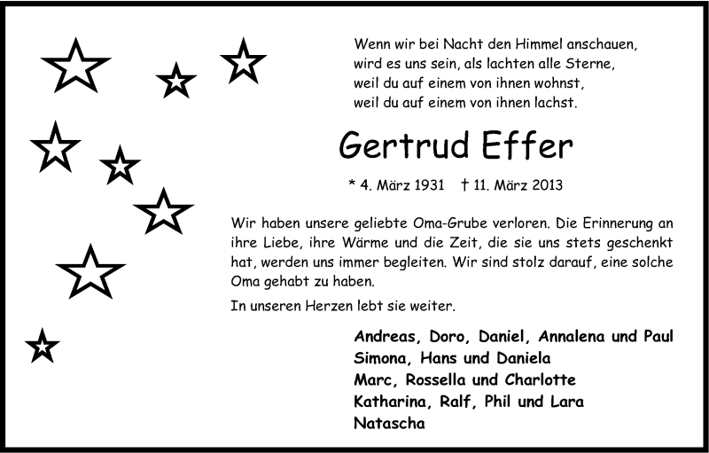  Traueranzeige für Gertrud Effer vom 16.03.2013 aus Kölner Stadt-Anzeiger / Kölnische Rundschau / Express