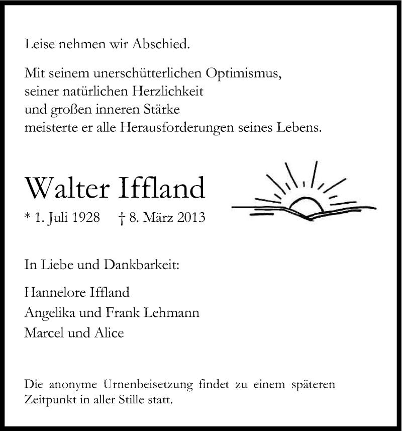  Traueranzeige für Walter Iffland vom 16.03.2013 aus Kölner Stadt-Anzeiger / Kölnische Rundschau / Express