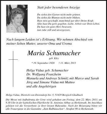 Anzeige von Maria Schumacher von Kölner Stadt-Anzeiger / Kölnische Rundschau / Express