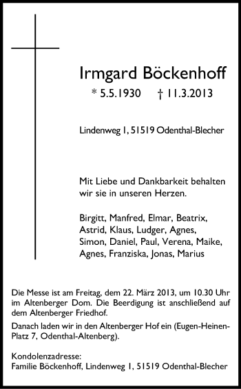 Anzeige von Irmgard Böckenhoff von Kölner Stadt-Anzeiger / Kölnische Rundschau / Express