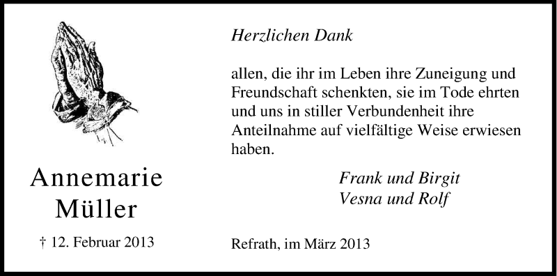  Traueranzeige für Annemarie Müller vom 23.03.2013 aus Kölner Stadt-Anzeiger / Kölnische Rundschau / Express
