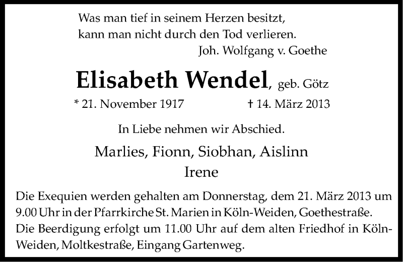 Traueranzeige für Elisabeth Wendel vom 16.03.2013 aus Kölner Stadt-Anzeiger / Kölnische Rundschau / Express