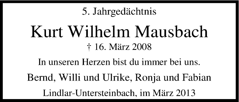  Traueranzeige für Kurt Wilhelm Mausbach vom 16.03.2013 aus Kölner Stadt-Anzeiger / Kölnische Rundschau / Express