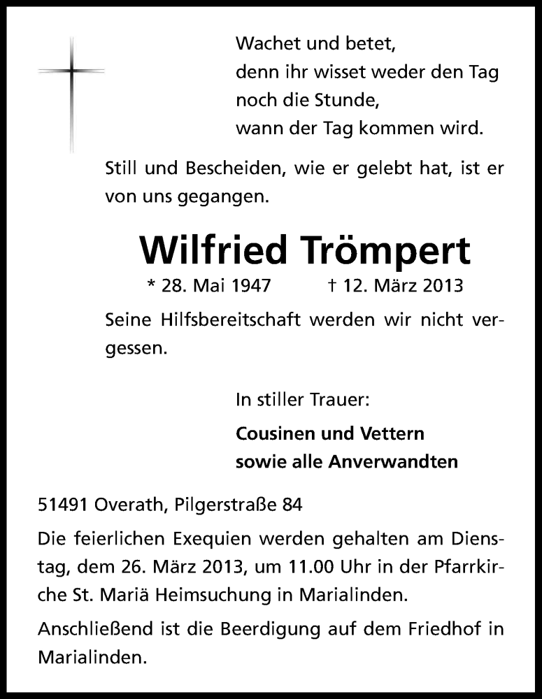  Traueranzeige für Wilfried Trömpert vom 20.03.2013 aus Kölner Stadt-Anzeiger / Kölnische Rundschau / Express