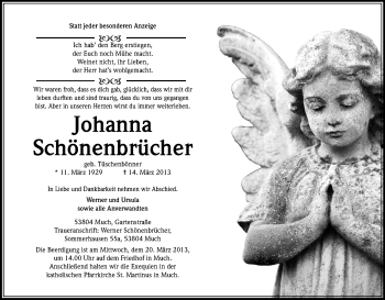 Anzeige von Johanna Schönenbrücher von Kölner Stadt-Anzeiger / Kölnische Rundschau / Express
