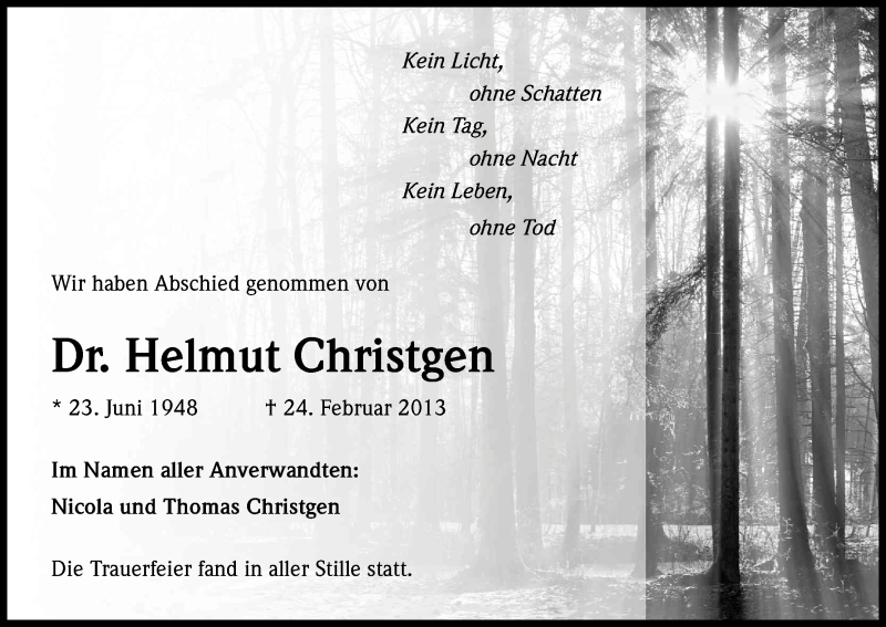  Traueranzeige für Helmut Christgen vom 16.03.2013 aus Kölner Stadt-Anzeiger / Kölnische Rundschau / Express