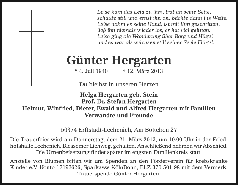  Traueranzeige für Günter Hergarten vom 16.03.2013 aus Kölner Stadt-Anzeiger / Kölnische Rundschau / Express