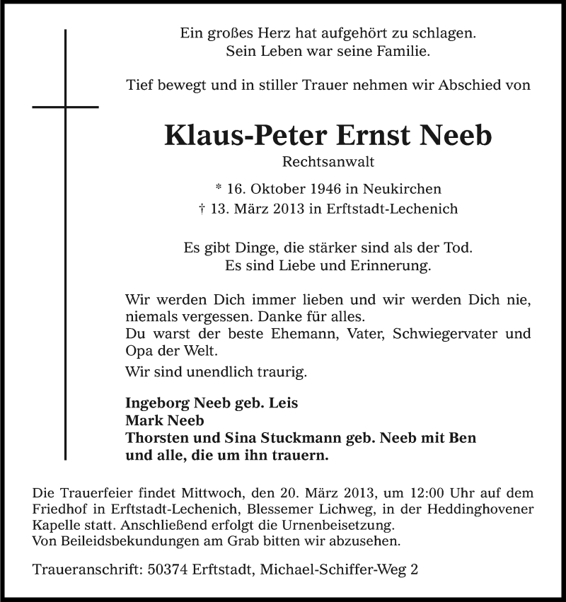  Traueranzeige für Klaus-Peter Neeb vom 16.03.2013 aus Kölner Stadt-Anzeiger / Kölnische Rundschau / Express