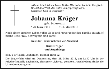 Anzeige von Johanna Krüger von Kölner Stadt-Anzeiger / Kölnische Rundschau / Express